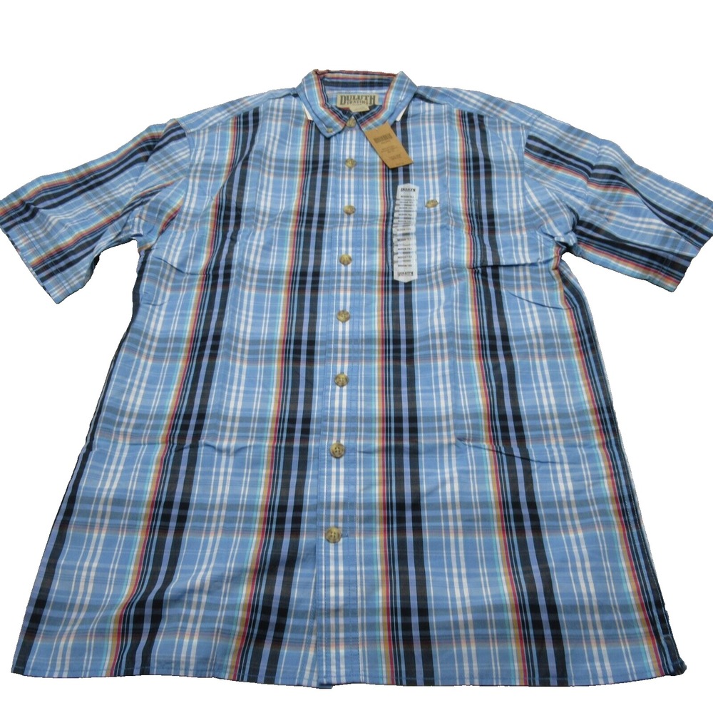 Duluth Trading Shirt Men Medium Tall Blue Plaid Cotton BQQ Short Sleeve NEW